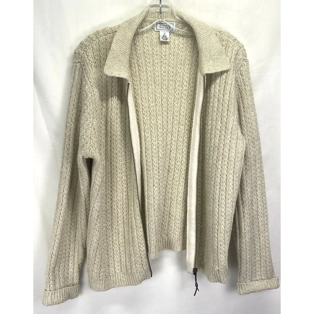 Jennifer Moore Women's Sweater Size M Ivory Open Knit Chunky Full Zip Collar LS